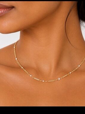 14K Gold Filled Bar and CZ Station Chain Necklace 18” Dainty Layering